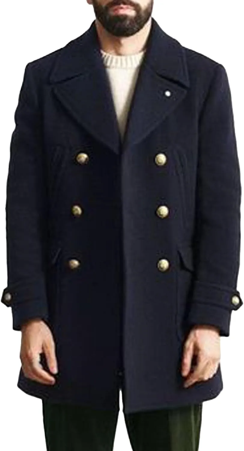 Mens Classic Pea Coat Notched Collar Double Breasted Slim Fit Winter Warm Heavyweight Trench Coats Overcoats Outwear