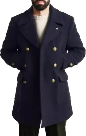 Mens Classic Pea Coat Notched Collar Double Breasted Slim Fit Winter Warm Heavyweight Trench Coats Overcoats Outwear