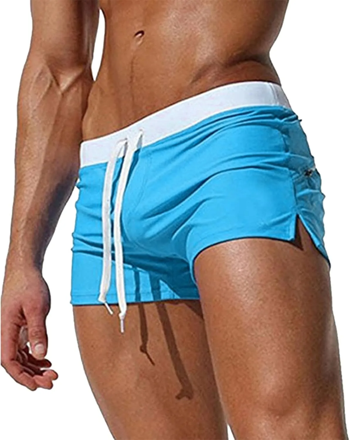 Men's Classic Solid Square Cut Swimwear Side Slit Sexy Tight Swimming Trunks Tan Through Bikini Swim Briefs Summer