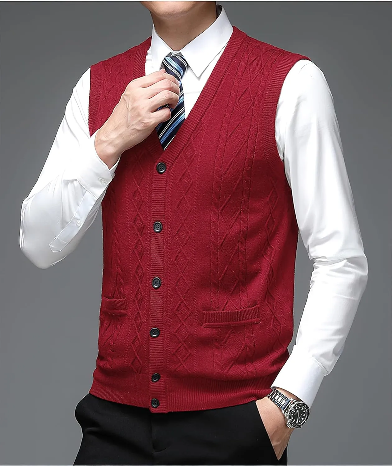 Men's Classic V Neck Wool Blend Sweater Vest Sleeveless Button Front Knit Cardigan Vest with Pocket