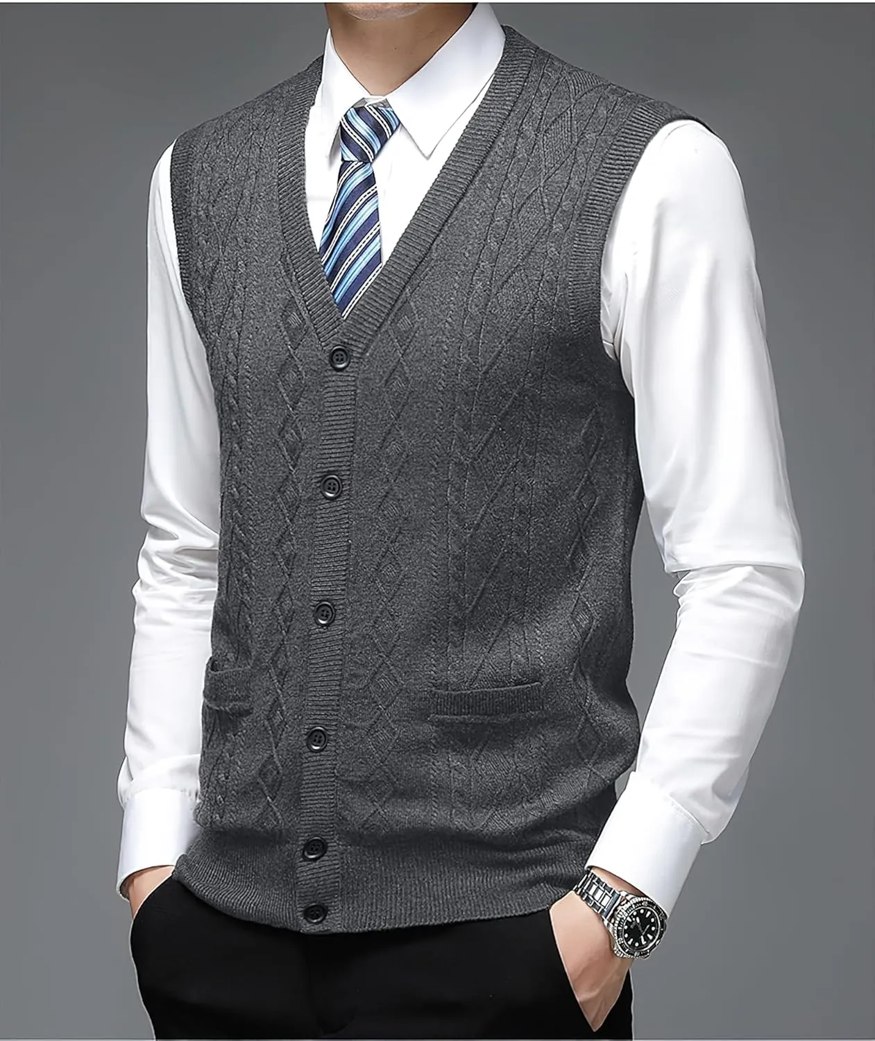 Men's Classic V Neck Wool Blend Sweater Vest Sleeveless Button Front Knit Cardigan Vest with Pocket