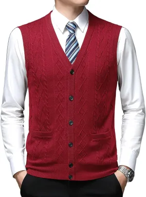 Men's Classic V Neck Wool Blend Sweater Vest Sleeveless Button Front Knit Cardigan Vest with Pocket