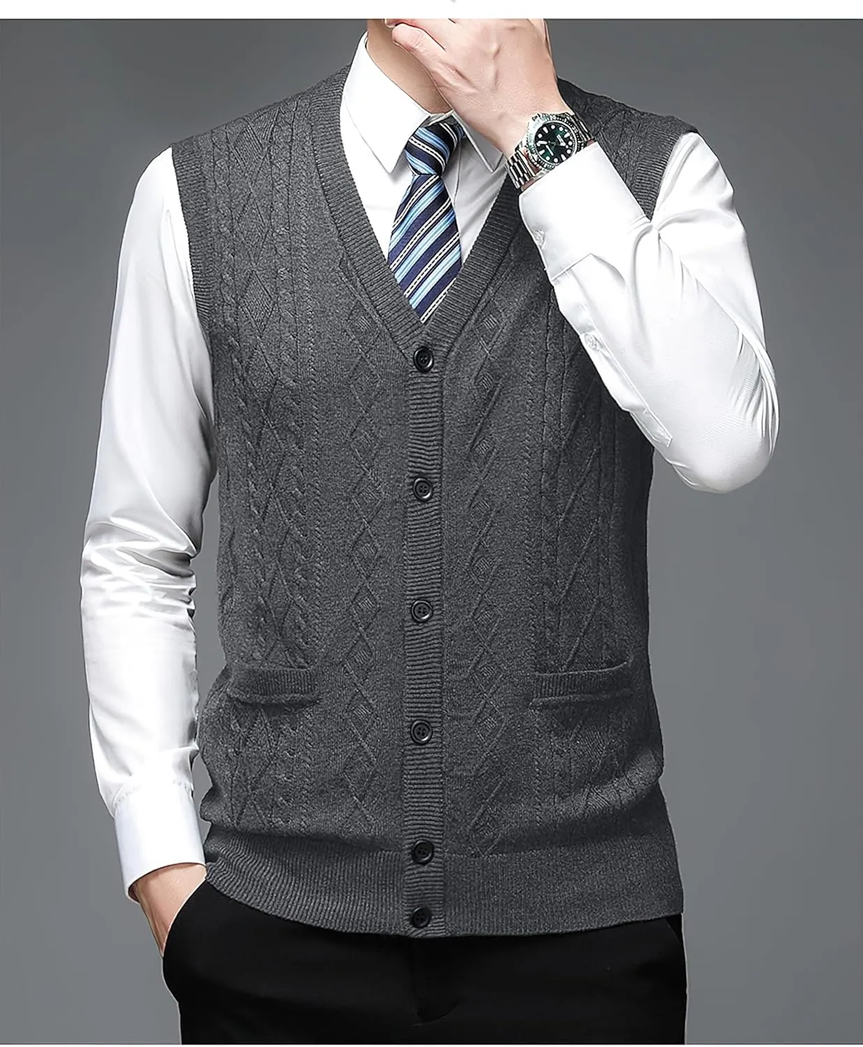 Men's Classic V Neck Wool Blend Sweater Vest Sleeveless Button Front Knit Cardigan Vest with Pocket