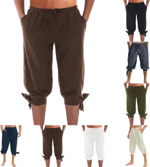 Men's Cotton Linen Capri Pants Below Knee Baggy Summer Harem Capris Drawstring Yoga Beach Short Pants with Pockets