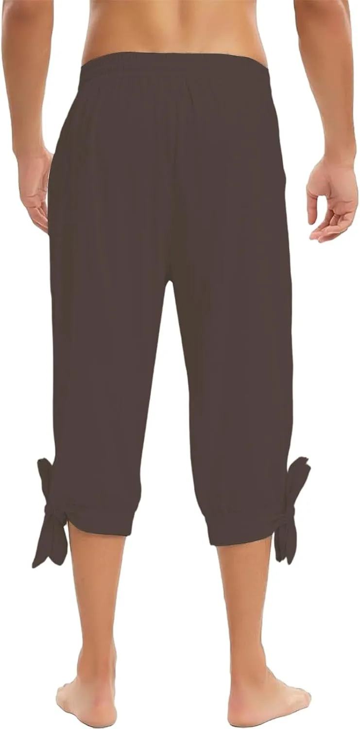 Men's Cotton Linen Capri Pants Below Knee Baggy Summer Harem Capris Drawstring Yoga Beach Short Pants with Pockets