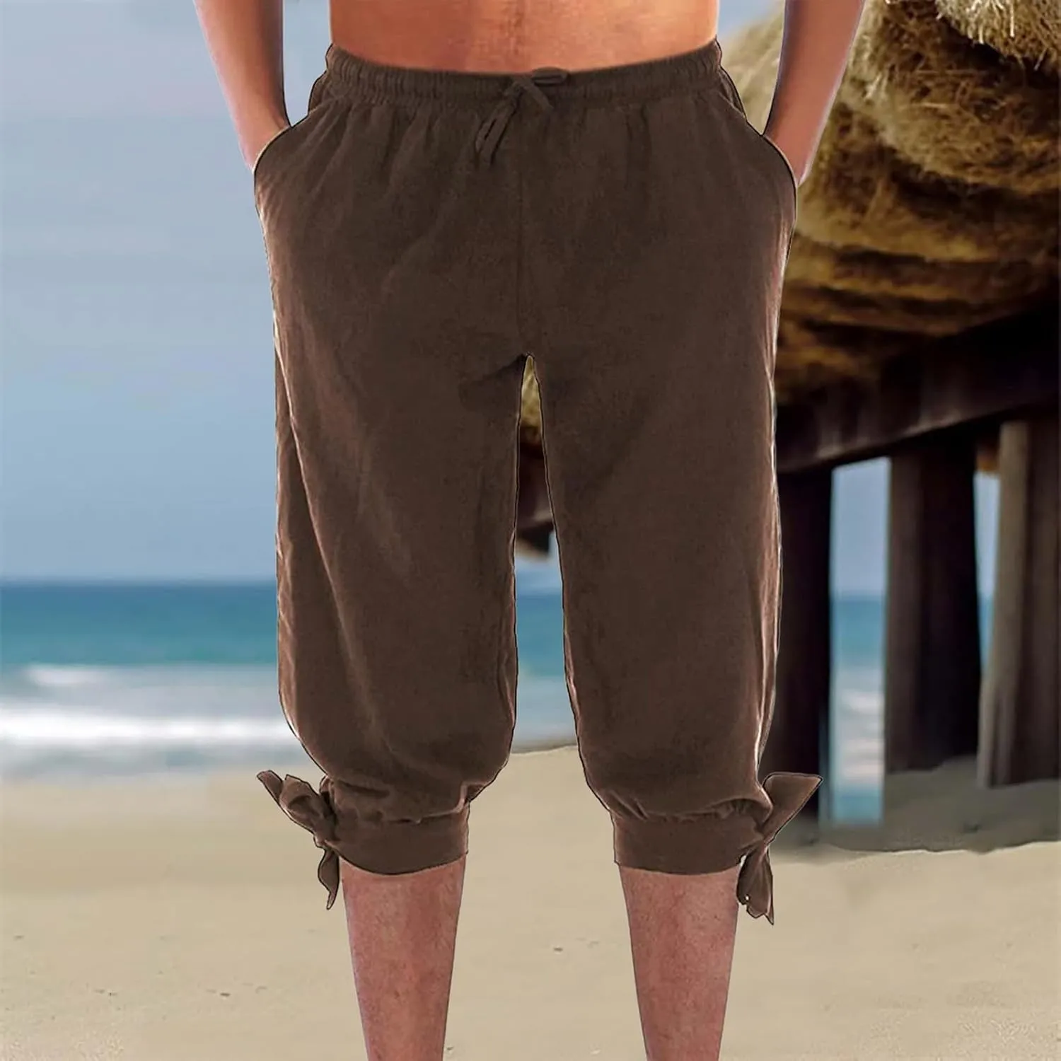 Men's Cotton Linen Capri Pants Below Knee Baggy Summer Harem Capris Drawstring Yoga Beach Short Pants with Pockets