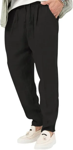 Men's Cotton Linen Pants Straight-Leg Drawstring Pant Summer Solid Color Beach Trouser Loose Fit Simple Thin Trousers