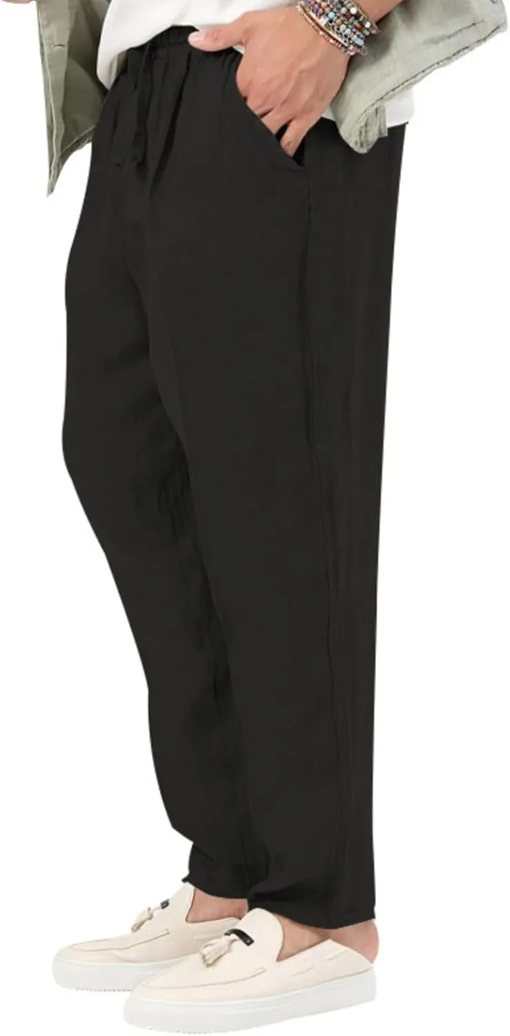 Men's Cotton Linen Pants Straight-Leg Drawstring Pant Summer Solid Color Beach Trouser Loose Fit Simple Thin Trousers