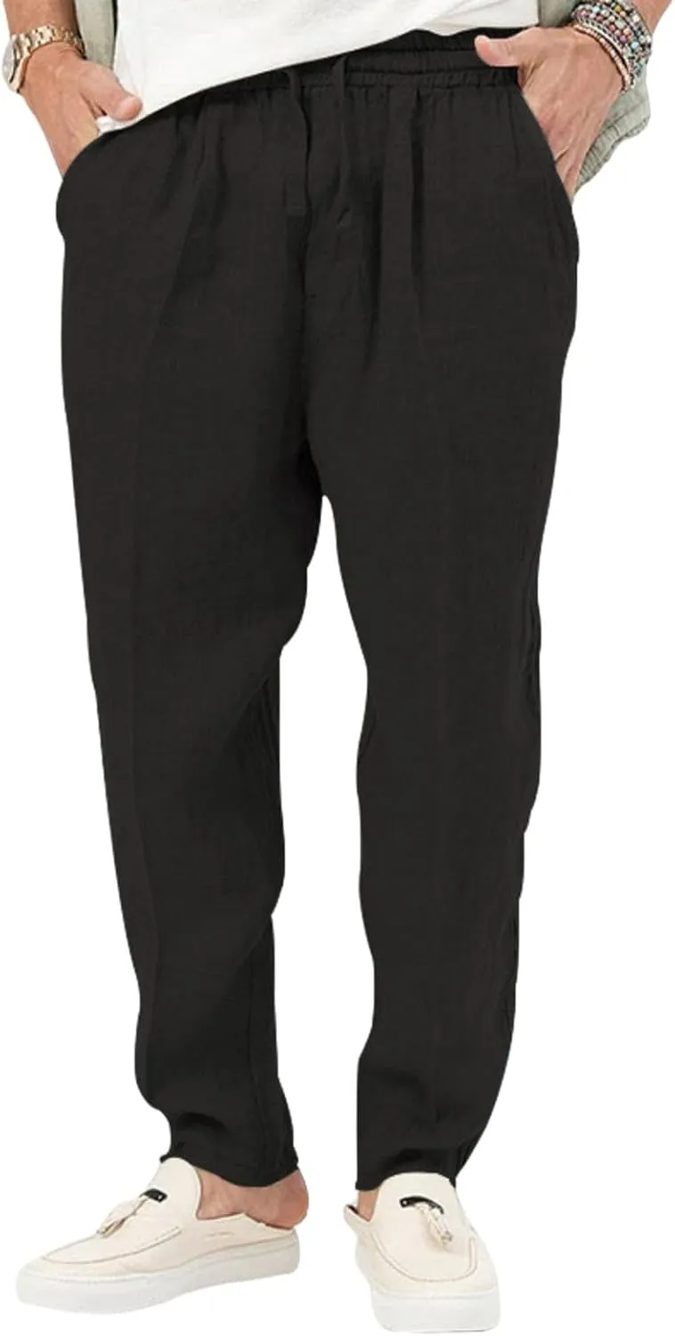 Men's Cotton Linen Pants Straight-Leg Drawstring Pant Summer Solid Color Beach Trouser Loose Fit Simple Thin Trousers