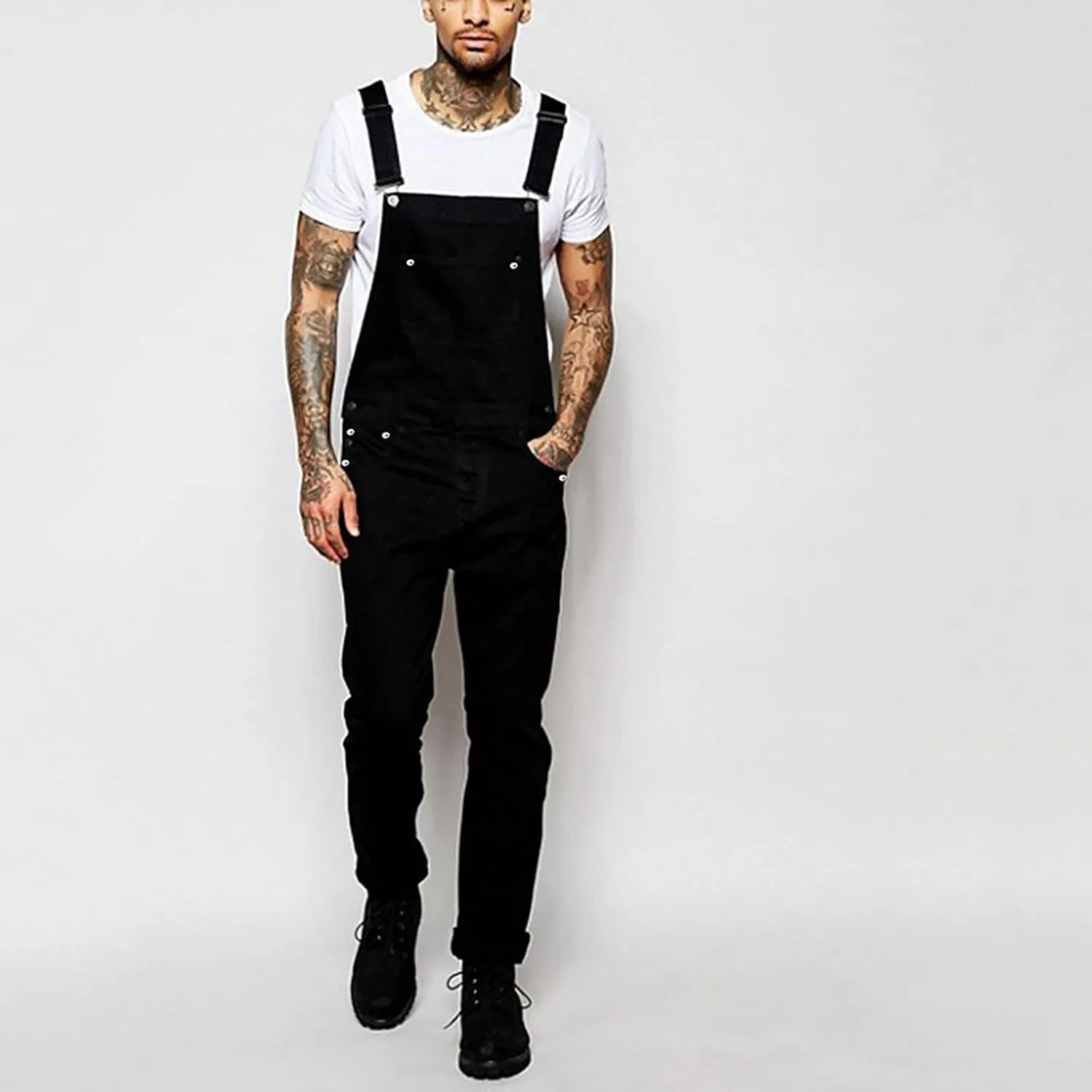 Men's Denim Bib Overall Jean Romper Trousers Cotton Relaxed Fit Pants Fashion Workwear Jumpsuit with Pockets