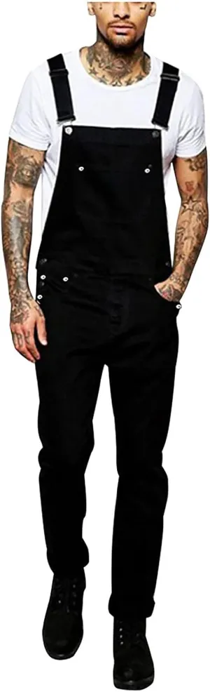 Men's Denim Bib Overall Jean Romper Trousers Cotton Relaxed Fit Pants Fashion Workwear Jumpsuit with Pockets