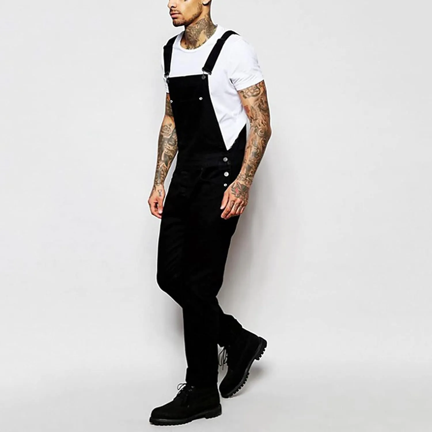 Men's Denim Bib Overall Jean Romper Trousers Cotton Relaxed Fit Pants Fashion Workwear Jumpsuit with Pockets