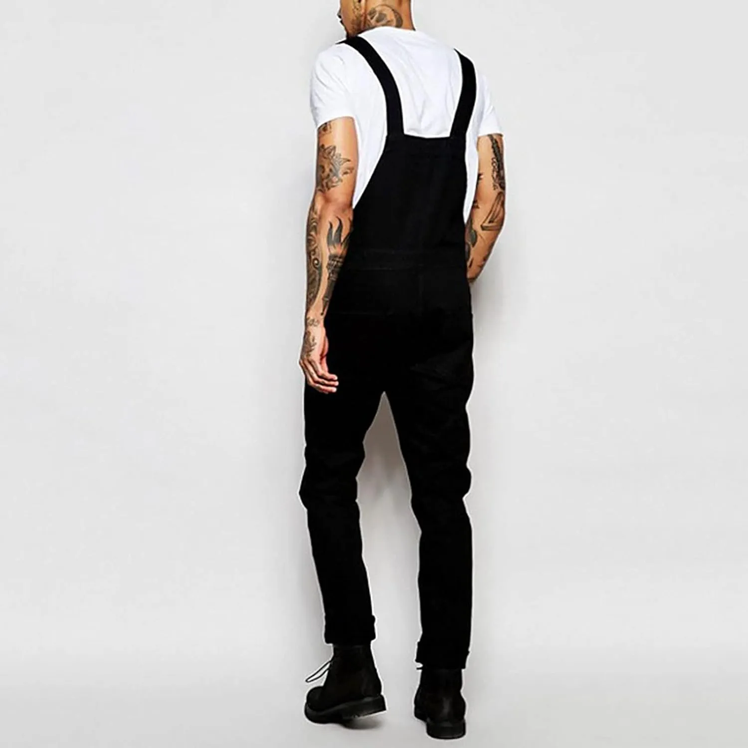 Men's Denim Bib Overall Jean Romper Trousers Cotton Relaxed Fit Pants Fashion Workwear Jumpsuit with Pockets