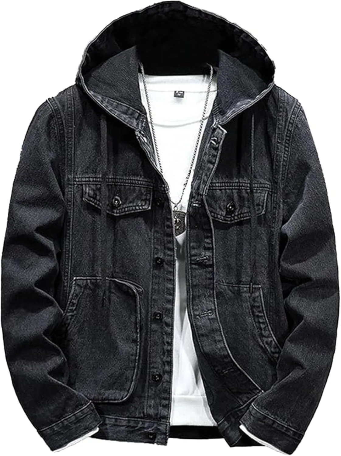 Men's Denim Hoodie Jacket Casual Long Sleeve Button Down Denim Trucker Coat Warm Winter Hooded Jean Jackets (Black3,XX-Large)