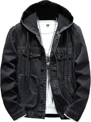 Men's Denim Hoodie Jacket Casual Long Sleeve Button Down Denim Trucker Coat Warm Winter Hooded Jean Jackets (Black3,XX-Large)