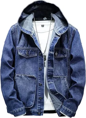 Men's Denim Hoodie Jacket Casual Long Sleeve Button Down Denim Trucker Coat Warm Winter Hooded Jean Jackets (DarkBlue3,Medium)