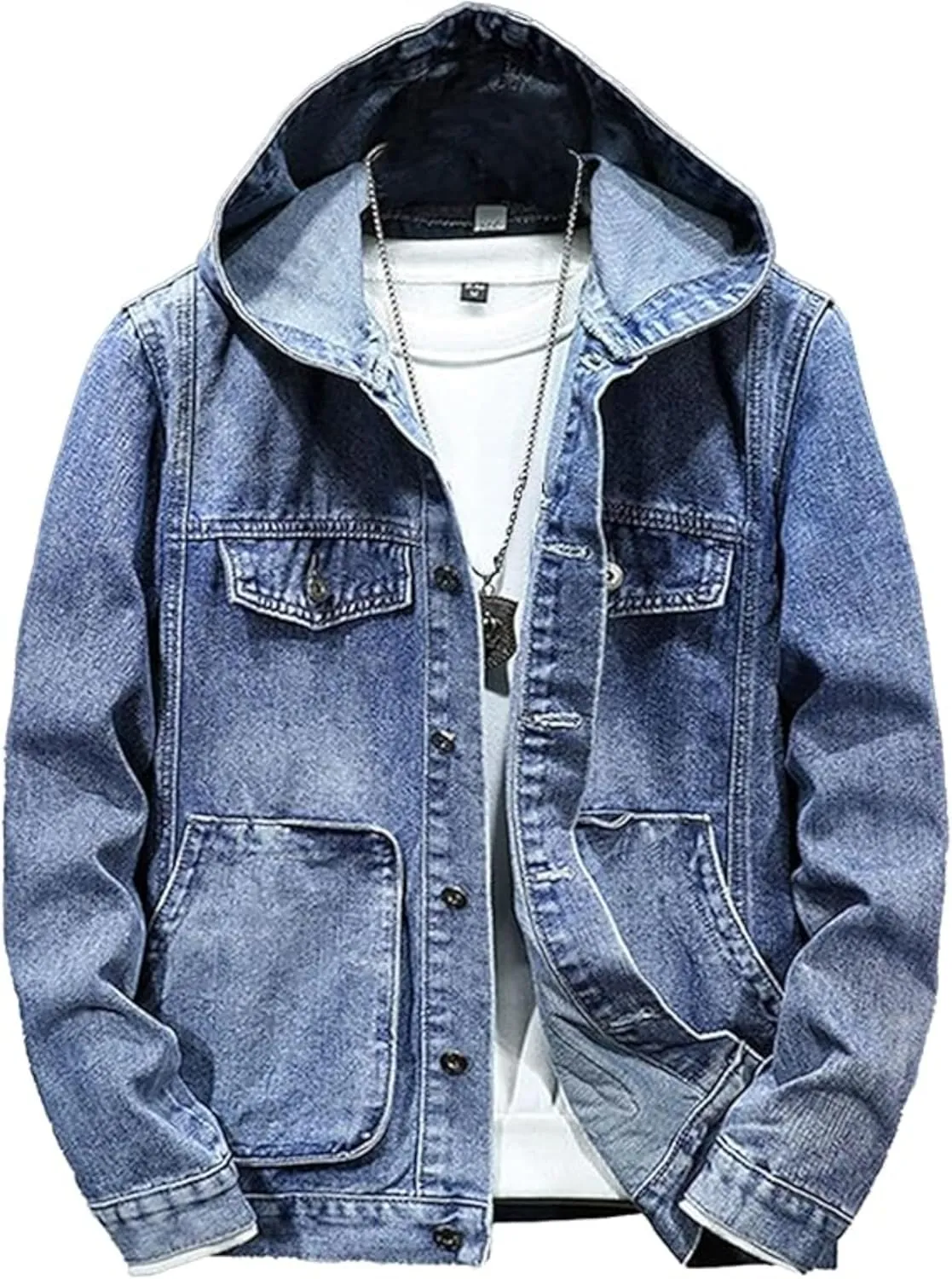 Men's Denim Hoodie Jacket Casual Long Sleeve Button Down Denim Trucker Coat Warm Winter Hooded Jean Jackets (LightBlue3,X-Large)