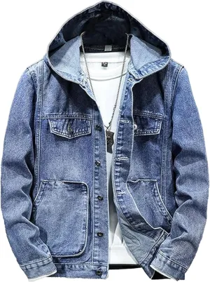 Men's Denim Hoodie Jacket Casual Long Sleeve Button Down Denim Trucker Coat Warm Winter Hooded Jean Jackets (LightBlue3,X-Large)