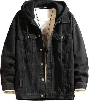 Men's Denim Hoodie Jacket Casual Long Sleeve Button Down Trucker Coat Warm Winter Hooded Jean Jackets (Black2,Medium)