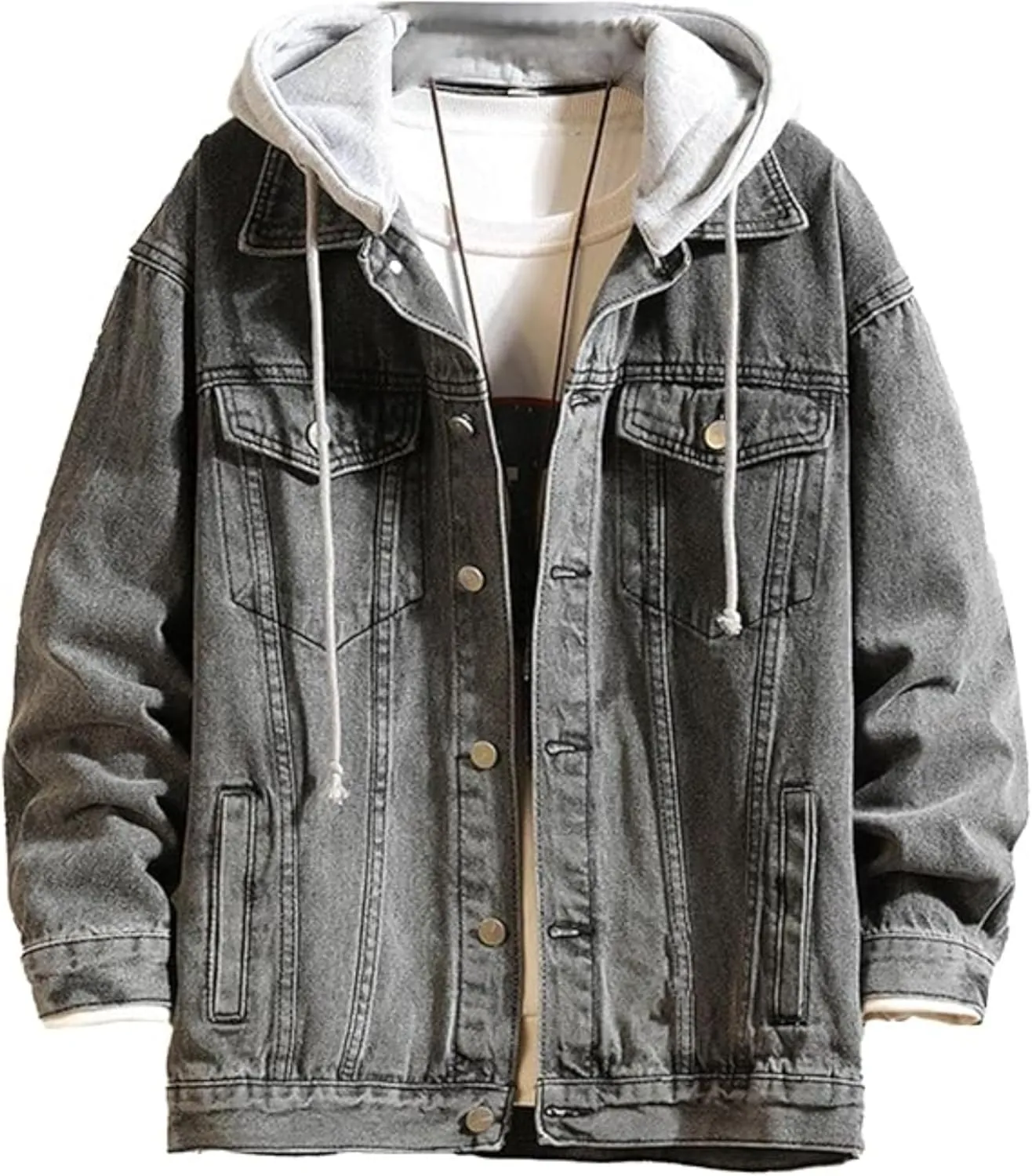 Men's Denim Hoodie Jacket Casual Long Sleeve Button Down Trucker Coat Warm Winter Hooded Jean Jackets (Grey2,5X-Large)