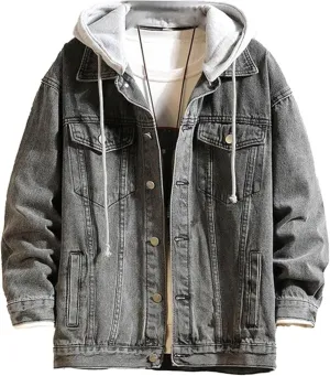 Men's Denim Hoodie Jacket Casual Long Sleeve Button Down Trucker Coat Warm Winter Hooded Jean Jackets (Grey2,Medium)
