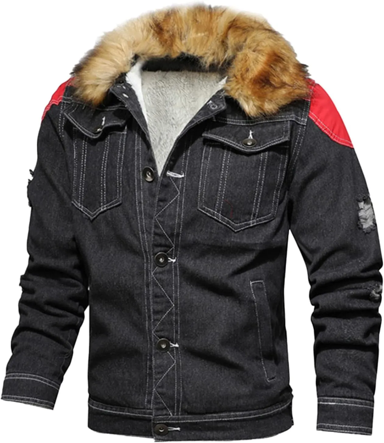 Mens Denim Jacket, Gutori Men Corduroy Sherpa Lined Winter Warm Coats Faux Fur Lapel Collar Western Jeans Outwear S-5XL