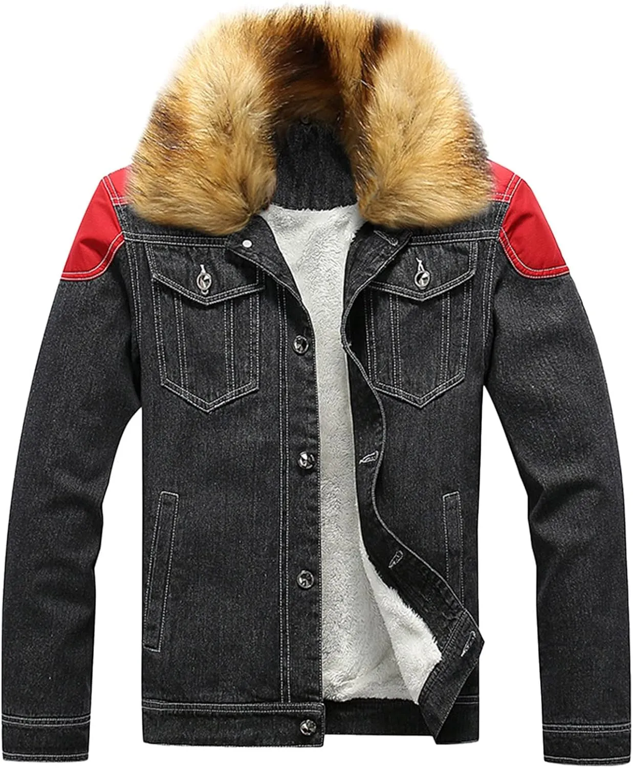 Mens Denim Jacket, Gutori Men Corduroy Sherpa Lined Winter Warm Coats Faux Fur Lapel Collar Western Jeans Outwear S-5XL