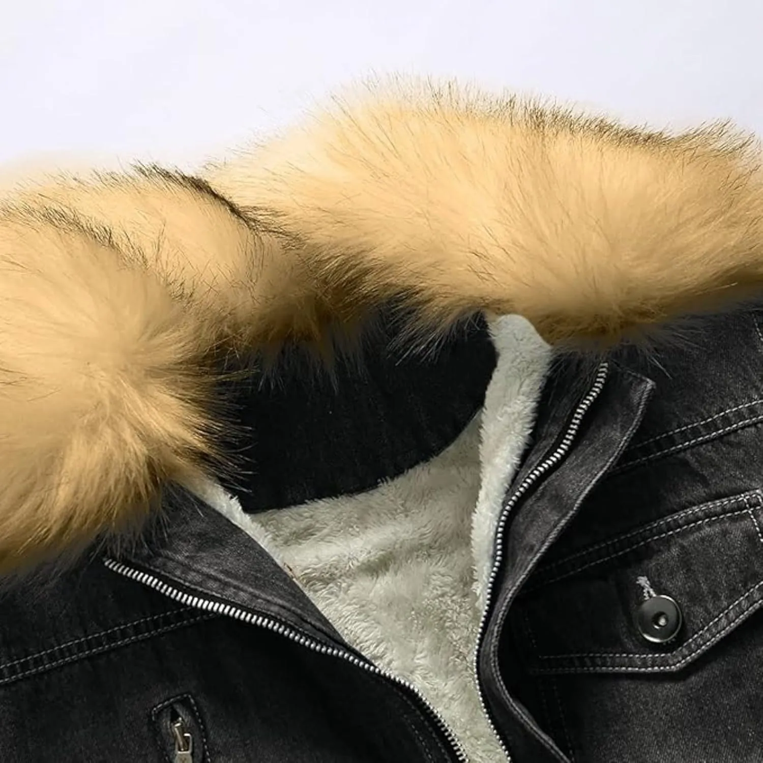 Mens Denim Jacket Plus Cotton Warm Fur Collar Sherpa Lined Denim Coat Vintage Fleece Cowboy Jean Jackets
