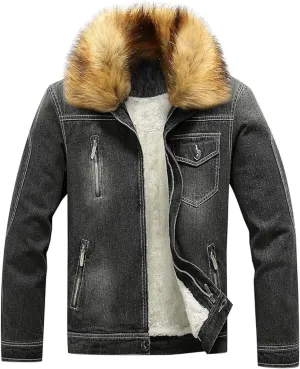 Mens Denim Jacket Plus Cotton Warm Fur Collar Sherpa Lined Denim Coat Vintage Fleece Cowboy Jean Jackets