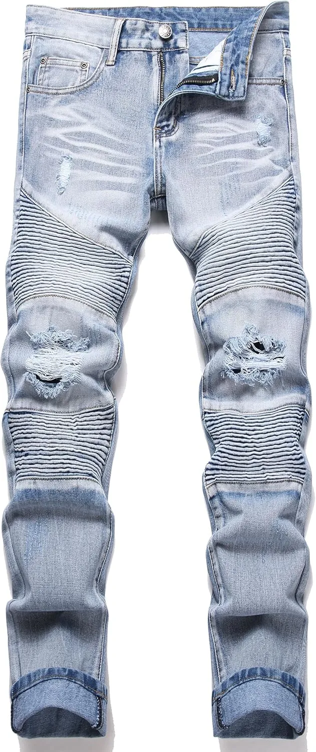 Men's Distressed Ripped Slim Fit Denim Jeans Pants