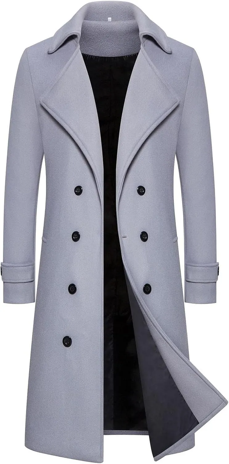 Mens Double Breasted Trench Coat Mid Long Jacket Notched Lapel Winter Chunky Warm Overcoat Business Handsome Peacoats