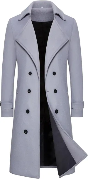Mens Double Breasted Trench Coat Mid Long Jacket Notched Lapel Winter Chunky Warm Overcoat Business Handsome Peacoats