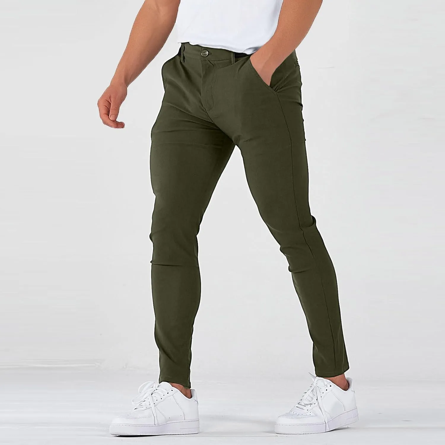 Mens Dress Pants Slim Fit Stretch Golf Pants with Pockets Tapered Lightweight Business Elastic Waist Chino Pants