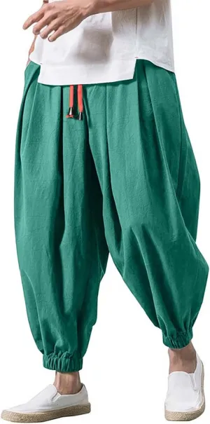 Mens Drop Crotch Harem Pants, Baggy Hippie Pants Boho Pant Wide Leg Drawstring Elastic Waist Trousers Casual Yoga Pants