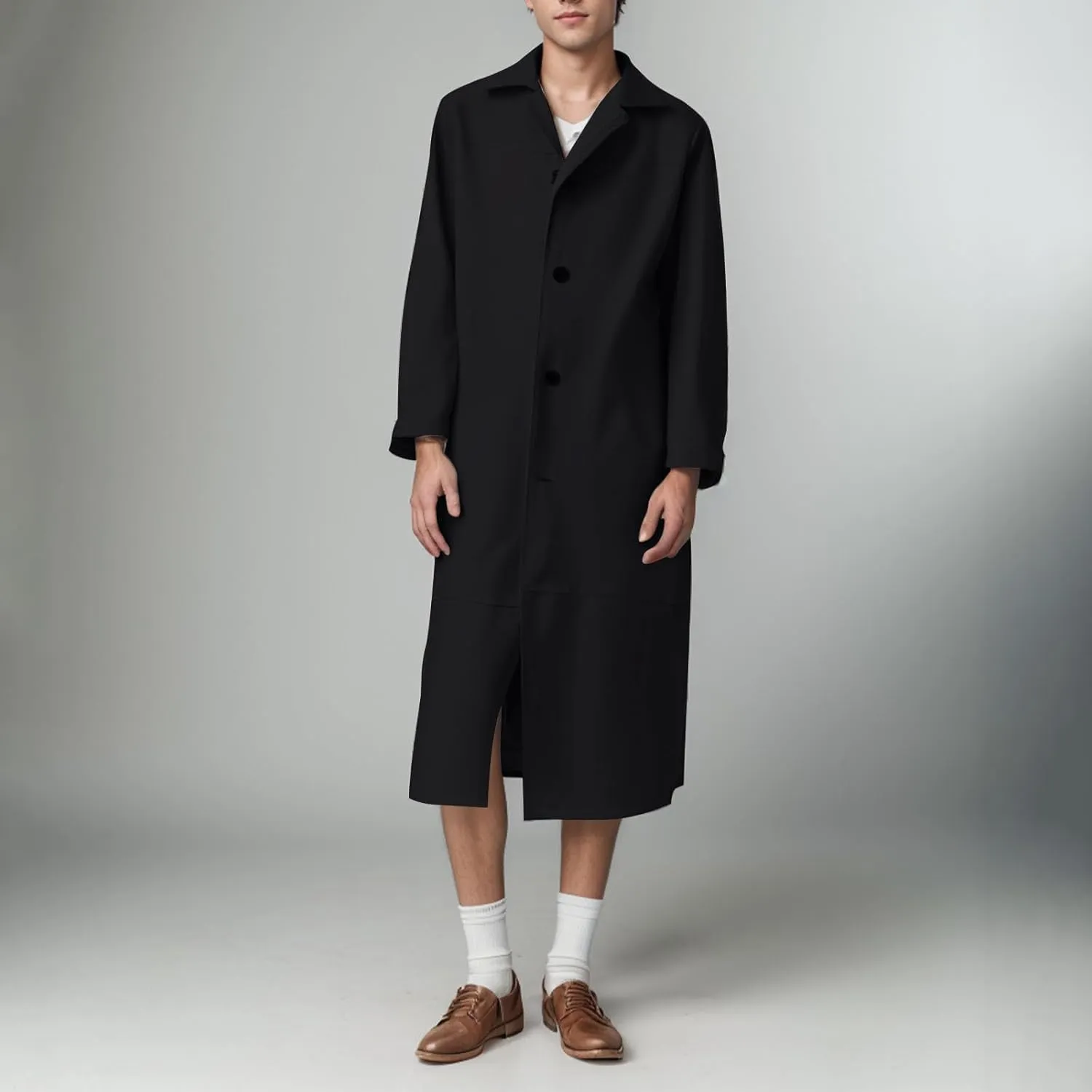 Men's Fashion Casual Solid Color Leather Buttons Long Sleeve Full length Casual Long Outwear Trench Coat Outwear