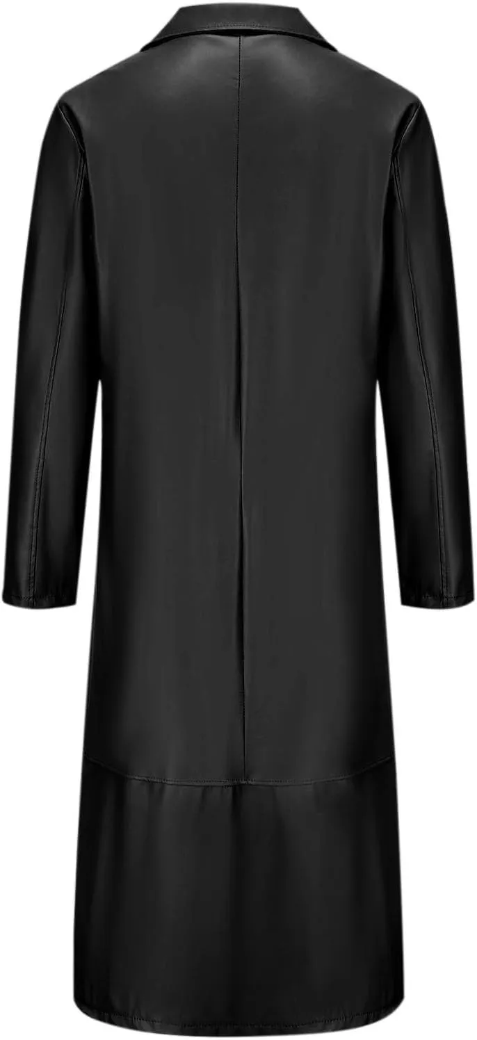 Men's Fashion Casual Solid Color Leather Buttons Long Sleeve Full length Casual Long Outwear Trench Coat Outwear