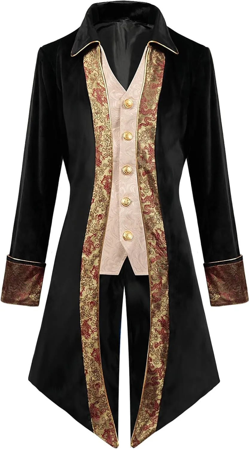 Mens Gothic Coat Printed Steampunk Jacket Medieval Costume Tuxedo Uniform Lapel Long Trench Coat Renaissance Overcoat