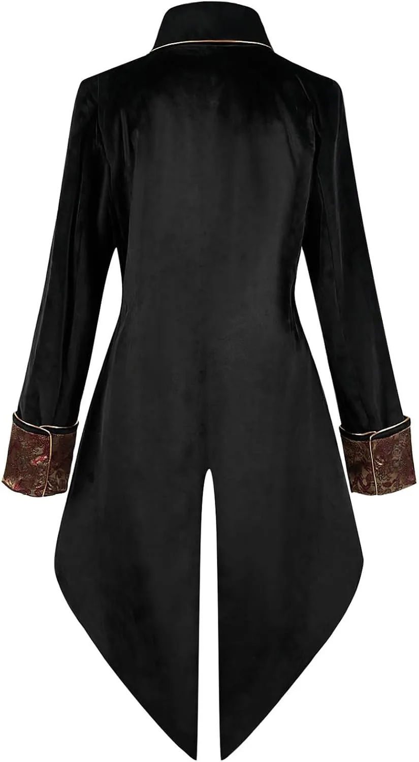 Mens Gothic Coat Printed Steampunk Jacket Medieval Costume Tuxedo Uniform Lapel Long Trench Coat Renaissance Overcoat