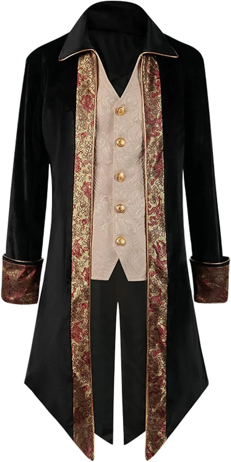 Mens Gothic Coat Printed Steampunk Jacket Medieval Costume Tuxedo Uniform Lapel Long Trench Coat Renaissance Overcoat