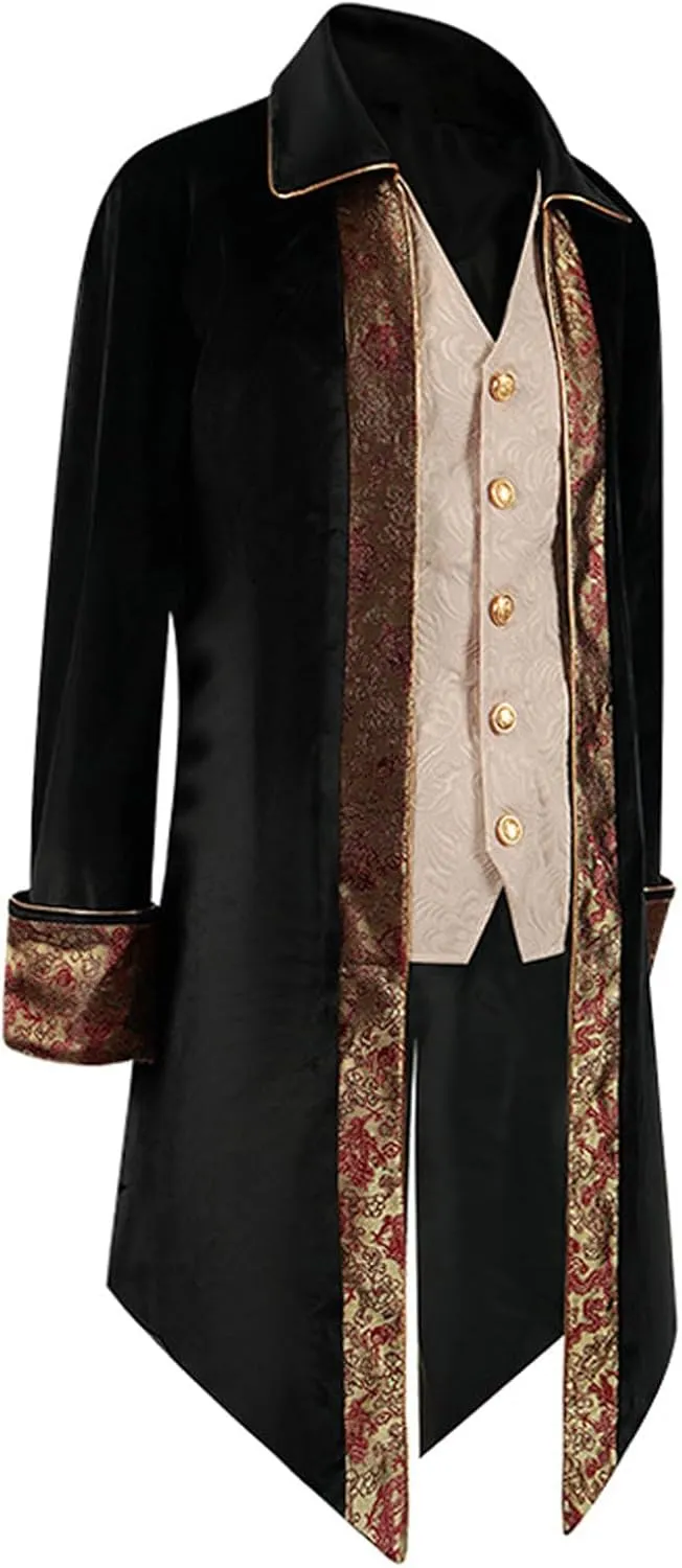 Mens Gothic Coat Printed Steampunk Jacket Medieval Costume Tuxedo Uniform Lapel Long Trench Coat Renaissance Overcoat