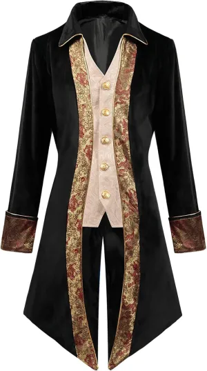 Mens Gothic Coat Printed Steampunk Jacket Medieval Costume Tuxedo Uniform Lapel Long Trench Coat Renaissance Overcoat