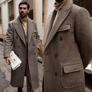 Men's Herringbone Wool Blend Trench Coat Knee Length Double Breasted, Peaked Lapel Regular Fit