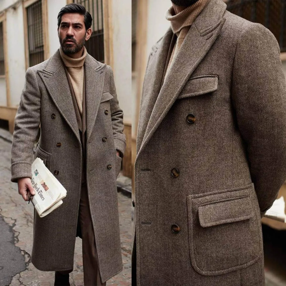 Men's Herringbone Wool Blend Trench Coat Knee Length Double Breasted, Peaked Lapel Regular Fit