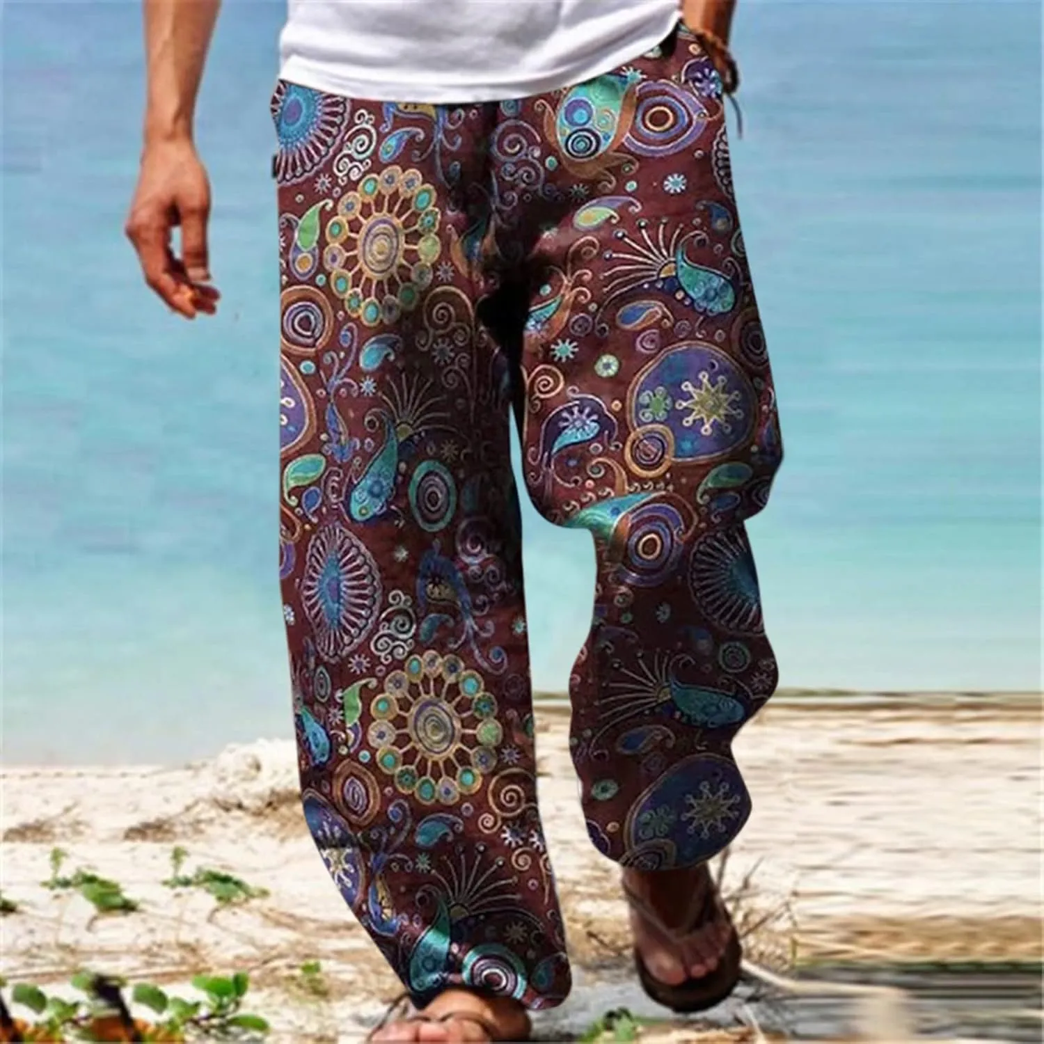 Mens Hip Hop Baggy Aladdin Harem Pants Hippie Ethnic Print Boho Beach Yoga Trousers Linen Cotton Drop Crotch Trousers