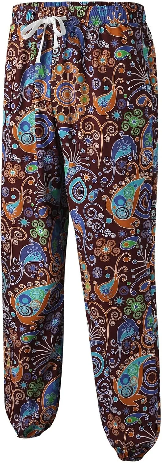 Mens Hip Hop Baggy Aladdin Harem Pants Hippie Ethnic Print Boho Beach Yoga Trousers Linen Cotton Drop Crotch Trousers