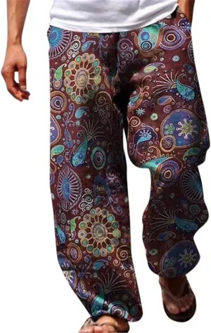 Mens Hip Hop Baggy Aladdin Harem Pants Hippie Ethnic Print Boho Beach Yoga Trousers Linen Cotton Drop Crotch Trousers