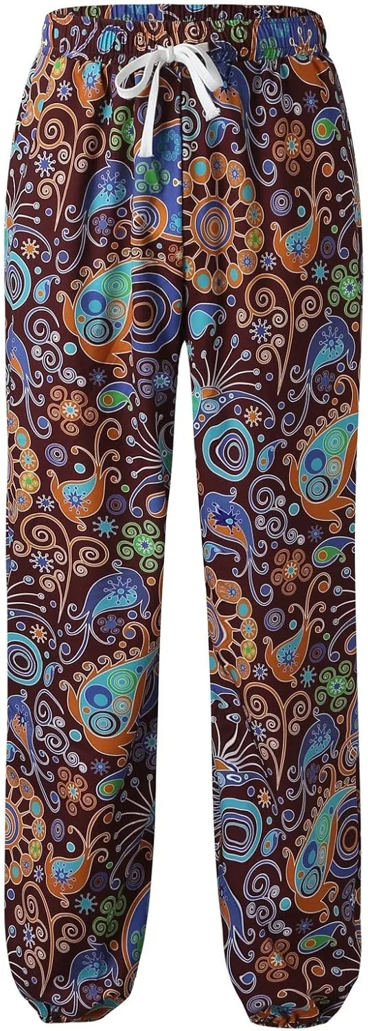 Mens Hip Hop Baggy Aladdin Harem Pants Hippie Ethnic Print Boho Beach Yoga Trousers Linen Cotton Drop Crotch Trousers