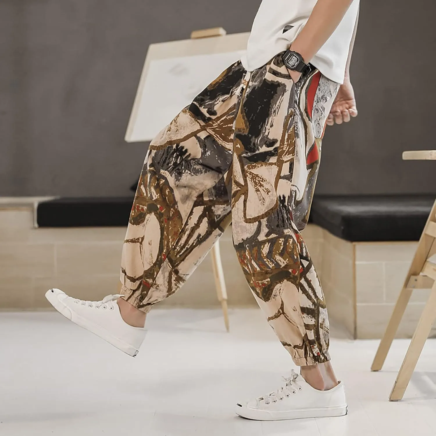 Mens Hippie Tapered Harem Pants Baggy Linen Boho Yoga Casual Drop Crotch Trousers Elastic Waist Aladdin Thai Pants