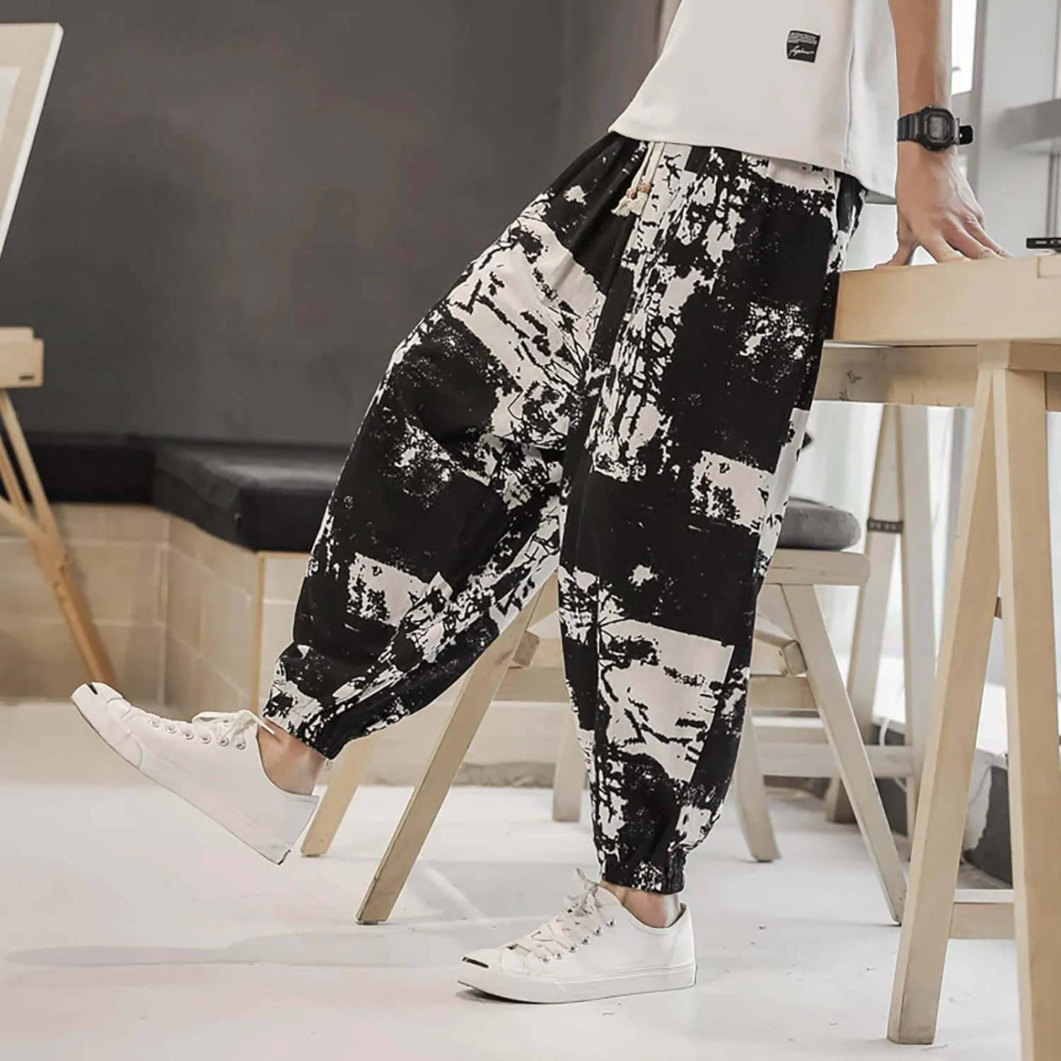 Mens Hippie Tapered Harem Pants Baggy Linen Boho Yoga Casual Drop Crotch Trousers Elastic Waist Aladdin Thai Pants