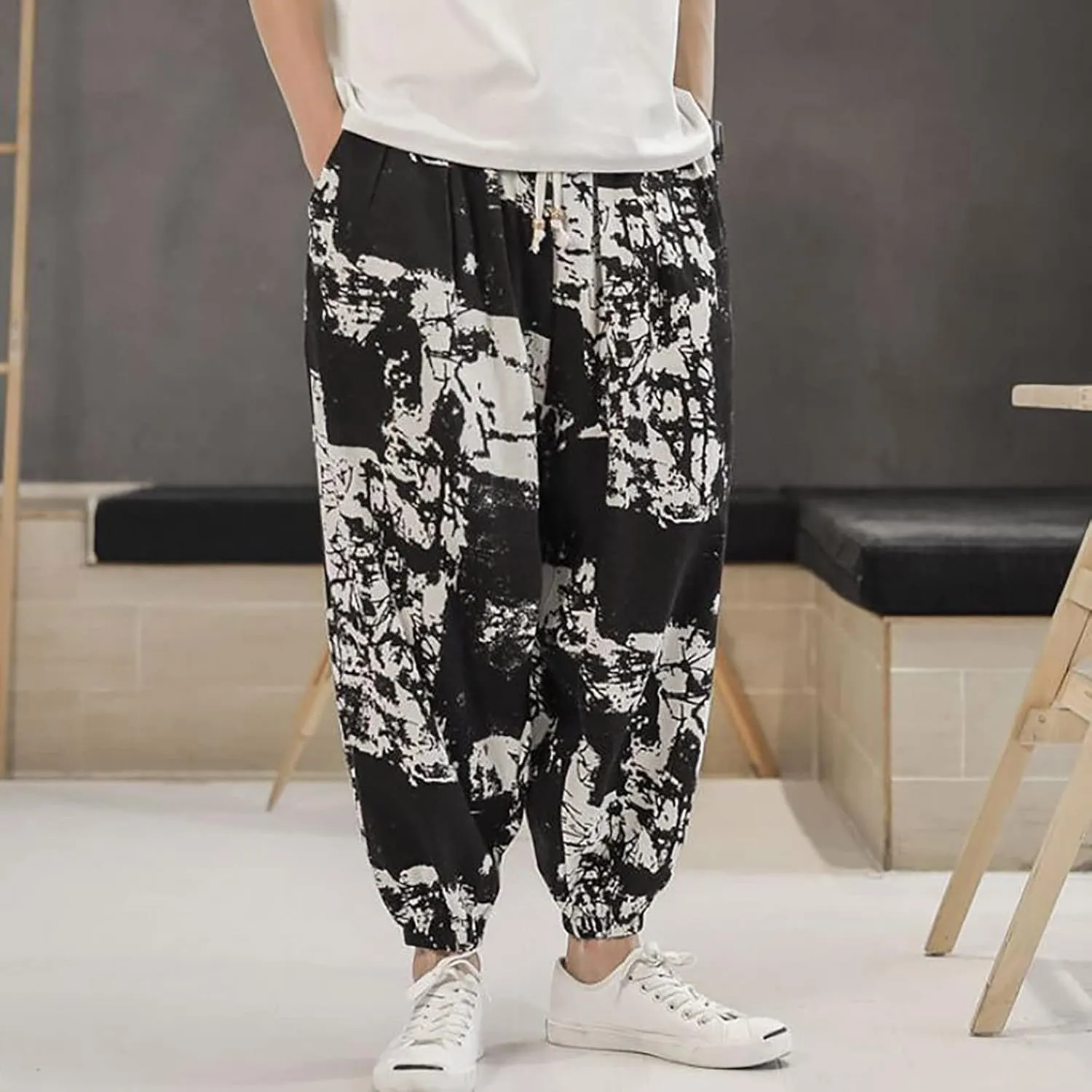 Mens Hippie Tapered Harem Pants Baggy Linen Boho Yoga Casual Drop Crotch Trousers Elastic Waist Aladdin Thai Pants